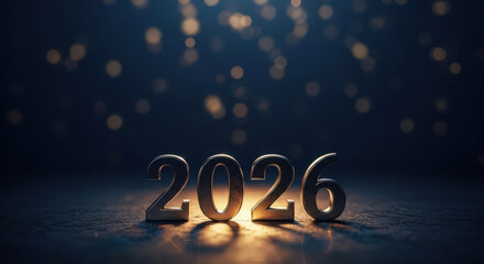 Metal 2026 Numbered Text on Dark Bokeh Light Background Celebration New Year Eve Anniversary Template