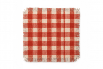 Red and white gingham fabric swatch featuring frayed edges, textured textile checkered pattern on transparent background