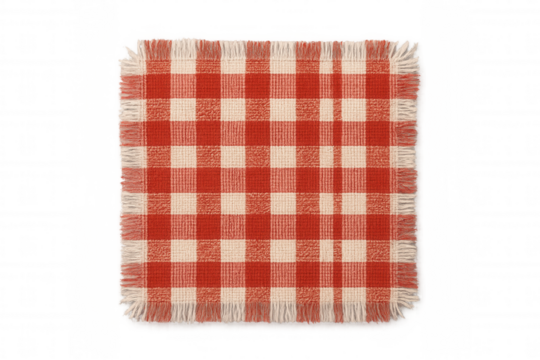 Red and white gingham fabric swatch featuring frayed edges, textured textile checkered pattern on transparent background - Powered by Adobe