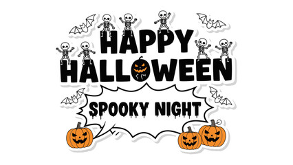 Halloween Night Spooky Art: Captivating a whimsical Halloween scene, with grinning pumpkins, grinning skull and spooky night text. it will make the viewer feel spooky.