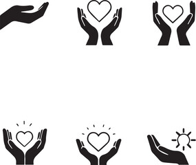Fototapeta premium Care and inspiration icon set with hands, hearts, and light bulb in black silhouette symbolic style