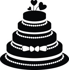 Black and White Wedding Cake Illustration with Heart Toppers Design