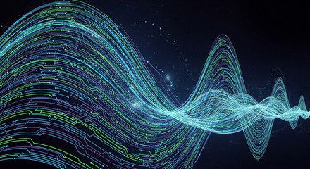 Abstract blue and green digital wave with glowing particles, a mesmerizing display of data visualization and technological advancement in a dark backdrop