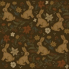 Seamless pattern with cute brown rabbits surrounded by autumn flowers and leaves on a dark background
