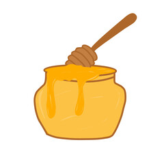 Illustration of honey dripping on a wooden spoon. Illustration of honey in a jar. Flat design of sweet honey. Illustration of dripping honey