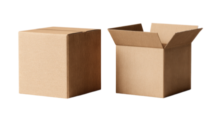Two light brown cardboard boxes; one closed, one open
