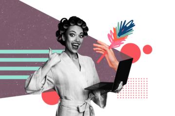 Composite photo collage of happy girl housemaid do online shopping laptop like duster tool household chores isolated on painted background