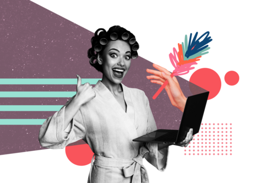 Composite photo collage of happy girl housemaid do online shopping laptop like duster tool household chores isolated on painted background