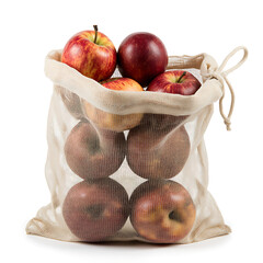 Cotton mesh produce bag filled with fresh apples on white background  