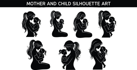 Mother and child silhouette art, black and white illustration, emotional bond, family love, tender moments, motherhood concept, vector design, minimal style