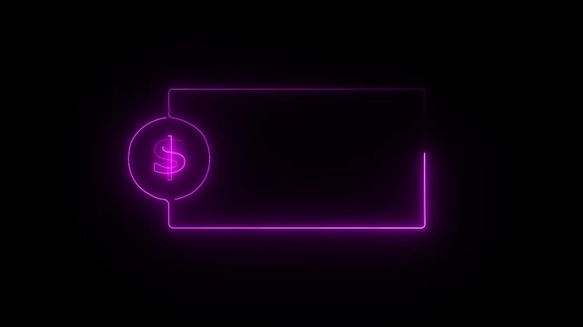colorful glowing neon dollar icon animation. Square rectangle picture frame with one tone neon color motion graphic on isolated black a background.4k video black background,