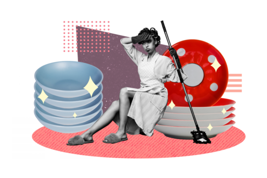 Composite photo collage of tired housemaid girl sit kitchen clean dish plate hold mop house hold cleaning isolated on painted background