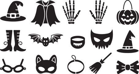 Collection of halloween costume elements and spooky symbols silhouette