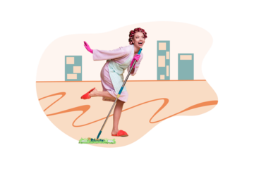 Creative collage picture young housemaid wife cleanup tidy floor mop wash apartment singer performance concert joyful artist