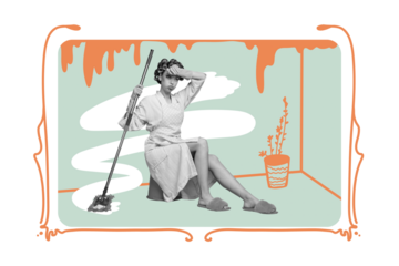 Creative collage picture young lady housekeeper mop wash cleanup tidy chores exhausted overwhelmed tired drawing background