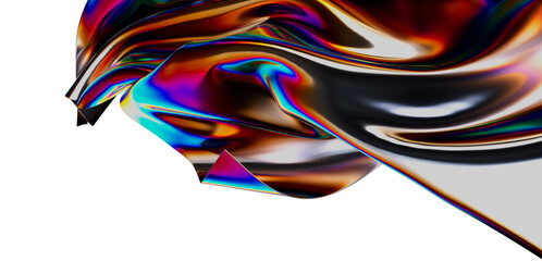 Abstract illustration of a holographic, iridescent fabric piece with vibrant colors and a white background. Perfect for modern designs.