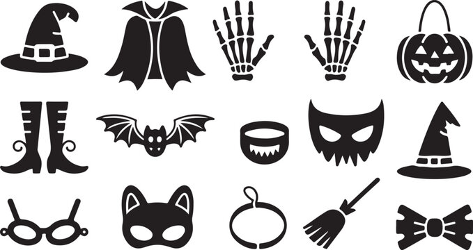 Collection of halloween costume elements and spooky symbols silhouette