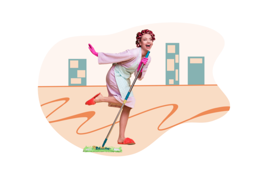 Creative collage picture young housemaid wife cleanup tidy floor mop wash apartment singer performance concert joyful artist