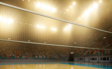 Indoor Volleyball Match, Sports Court, Professional Game, Stadium Environment, Wide Viewpoint, Competitive Play