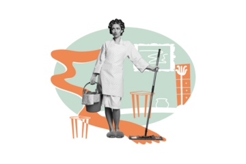 Photo collage picture young housewife flirty blow lips plump hold bucket mop washing apartment chores floor tidy room drawing background