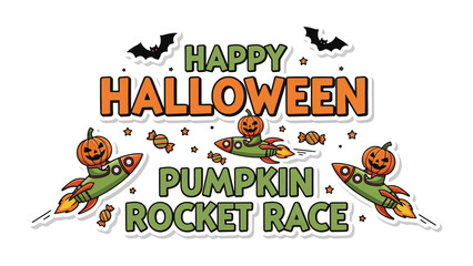 Pumpkin Rocket Race Halloween Celebration: A whimsical illustration celebrating Halloween, with cheerful pumpkin characters piloting rockets in a playful race.
