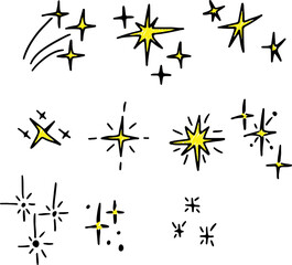 Hand-drawn line stars with glitter and shine. Sparkling glow and light sparkles in doodle sketch style vector. Drawn with black curved lines in grunge style