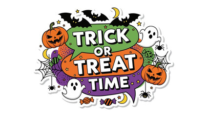 Spooky Halloween Design: An enchanting illustration of 'Trick or Treat Time' with Halloween symbols. Features pumpkins, bats, ghosts, spiders, and webs, inviting all for a night of ghostly adventure.