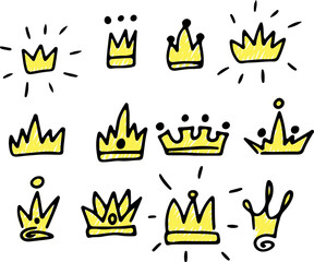 Colorful set of royal accessories featuring a golden crown, tiara, and diadem in flat cartoon style. Includes line art sketches of crowns. Drawn with black curved lines in grunge style