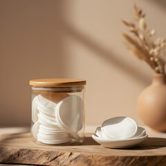 Reusable facial pads in glass jar with wooden lid on wooden table  