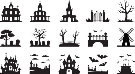 Obraz premium Collection of spooky halloween building and cemetery silhouettes silhouette