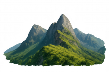 Green mountains on transparent background, rocky peaks and lush vegetation, natural outdoor landscape