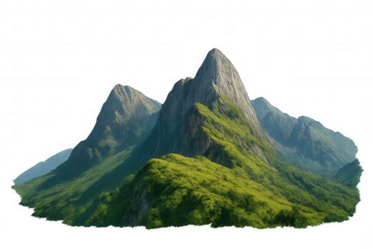 Green mountains on transparent background, rocky peaks and lush vegetation, natural outdoor landscape
