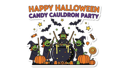 Happy Halloween Candy Cauldron Party: A whimsical Halloween scene with witches, pumpkins, and a bubbling cauldron, ready for candy and spooky fun.