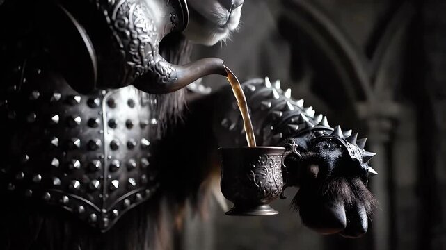Mysterious Armored Figure Pours Liquid into Ornate Goblet in Dark Setting.