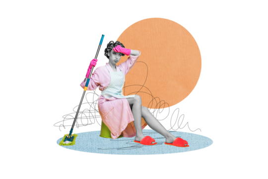 Composite photo collage of dissatisfied housemaid girl sit bucket mop floor detergent cleaning apron gloves isolated on painted background