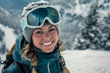 Joyful winter adventure with a smiling woman in snow-covered mountains during daylight
