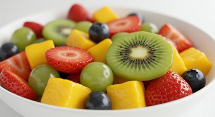 Colorful Fruit Salad Bowl with Strawberries, Kiwi, and Mango.