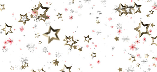 Elegant Christmas and New Year design featuring gold stars and snowflakes falling on a bright white backdrop. Perfect for holiday celebrations,