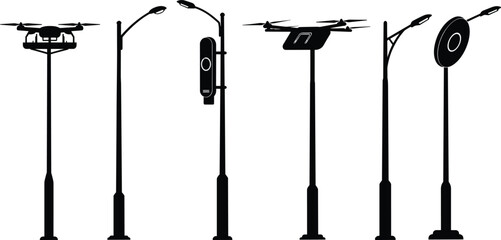 Set of smart streetlight pole silhouettes with drone docks, surveillance devices, antenna systems, urban infrastructure vector illustration for tech city themes