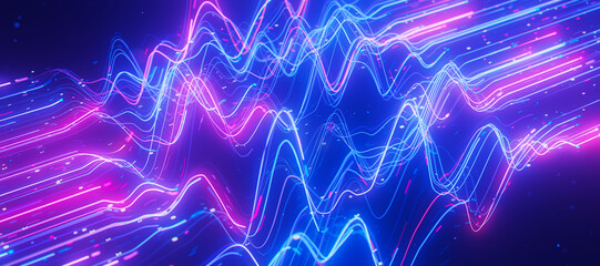 Closeup Bigdata light speed data flow wave. Abstract digital data stream of quantum computing. Cyberspace of qubit trails. Modern tech information transmission.