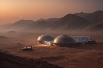 Obraz premium Mars-Kolonie mit futuristischen Kuppelstrukturen und außerirdischer Landschaft im Hintergrund