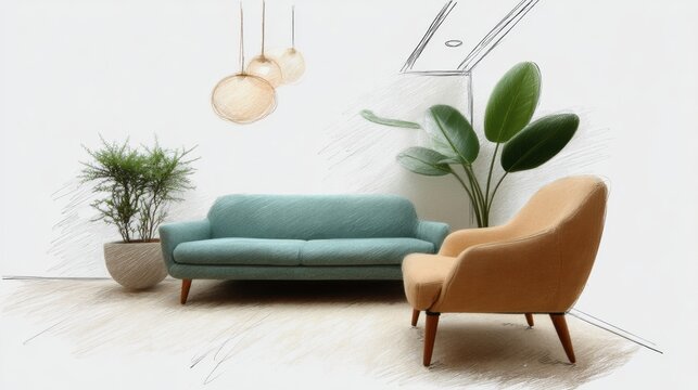 Scandinavian style interior sketches showcasing elegant furniture and greenery in a modern living space