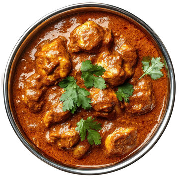 indian butter chicken curry in balti dish top down view and isolated [Transparent Background PNG].
