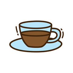 Coffee Cup Illustration on Transparent Background with Brown Liquid and Light Blue Saucer Simple Pixel Art Style