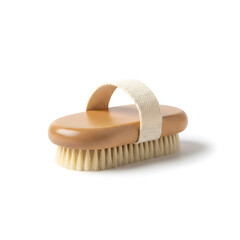Wooden body brush for dry brushing with cotton strap on white background  