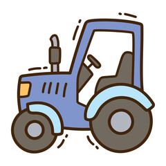 Cute Blue Tractor Doodle with Brown Outline on Transparent Background for Farming and Agriculture Concepts