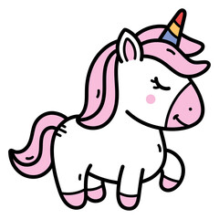 Cute Cartoon Unicorn With Pink Mane and Multi Colored Horn Isolated on Transparent Background