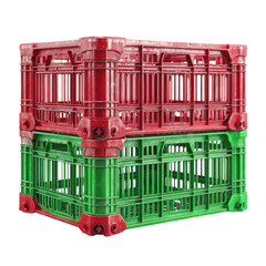 Two nested plastic crates, red and green