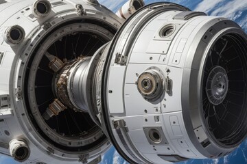 Detailaufnahme einer Raumstation im Orbit mit fortschrittlicher Technologie und Blick auf die Erde