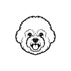 Black and white outline drawing of a happy Bichon Frise dog face Keywords: dog, bichon frise